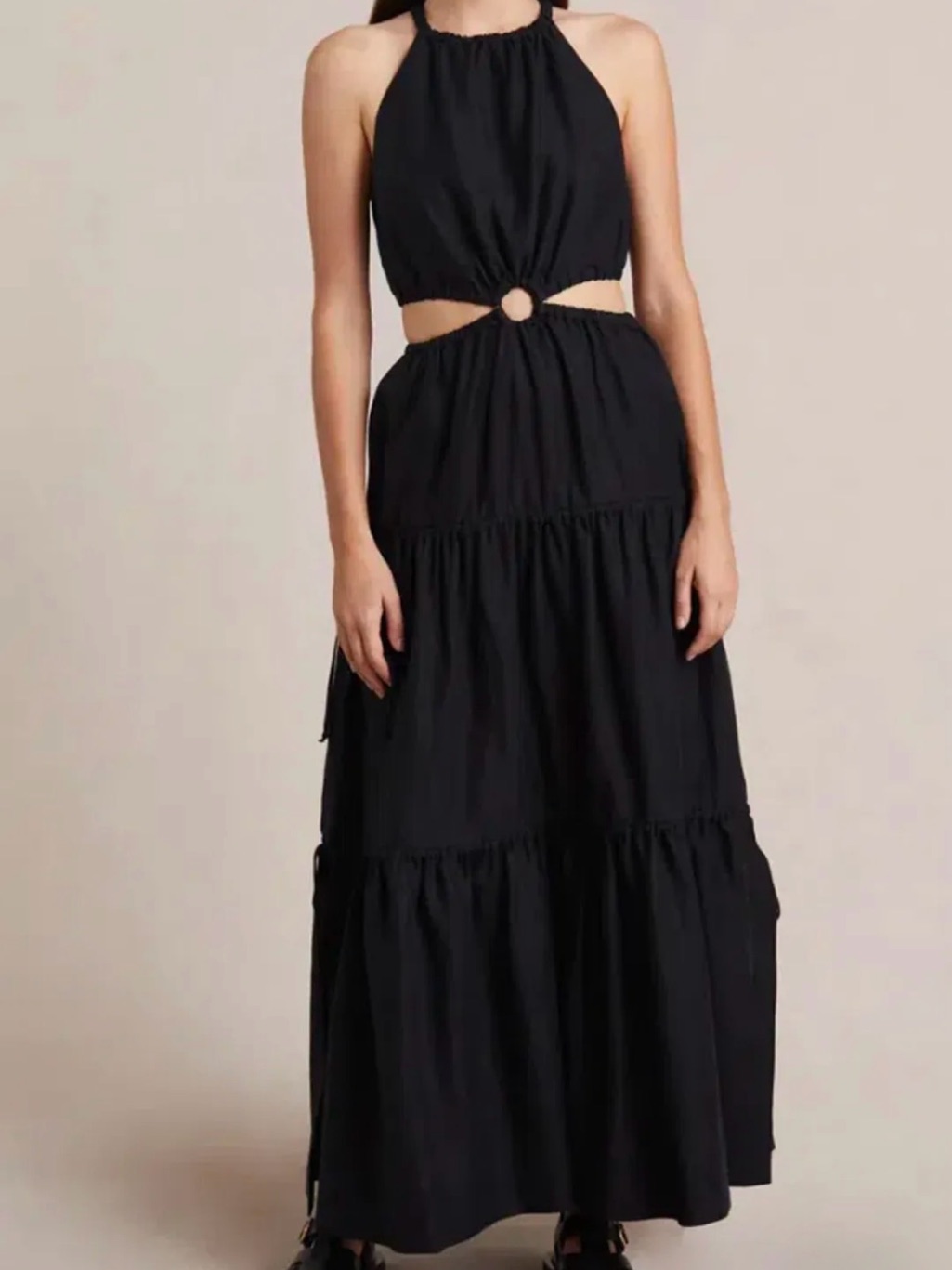 Bec + Bridge Helene Linen Maxi Dress Black Cutout O-Ring Tiered Size 6 Nwt